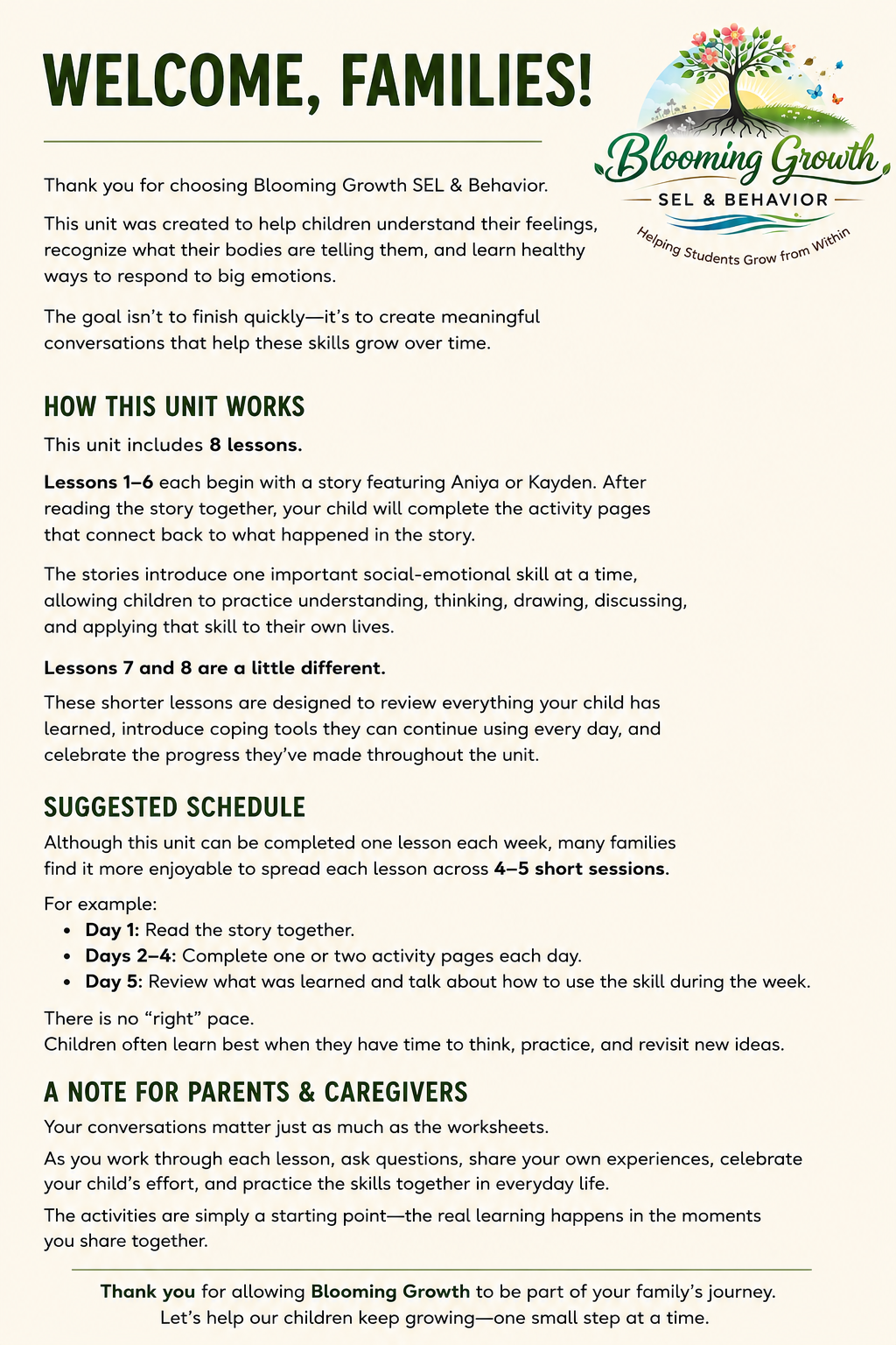 Unit 1: Managing Big Emotions - Welcome Families parent overview page