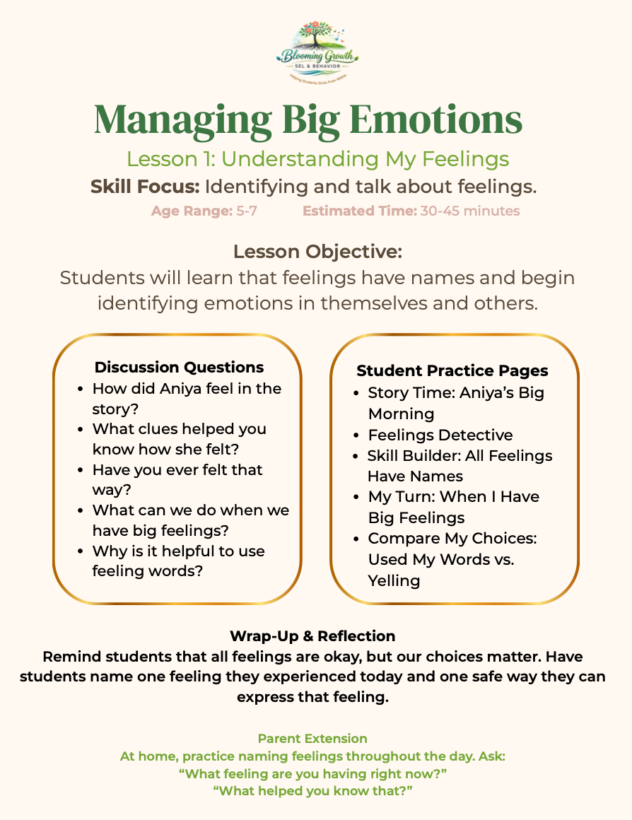 Managing Big Emotions Lesson 1: Understanding My Emotions - Ages 5-7