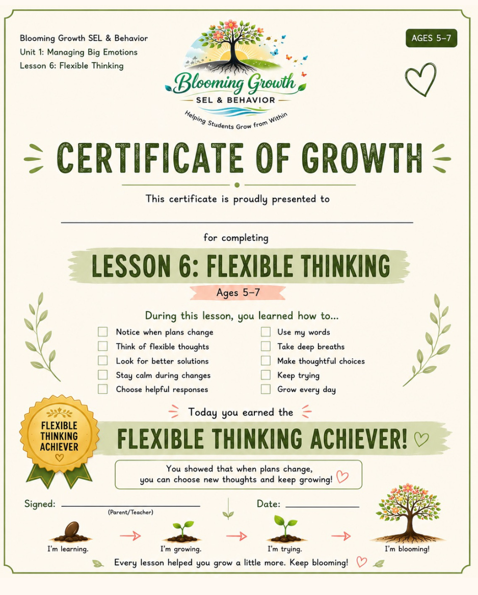 Certificate of Growth – Lesson 6: Flexible Thinking (Ages 5–7)