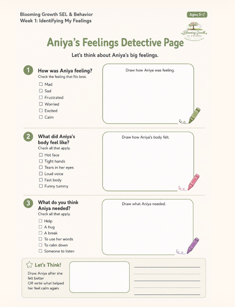 Aniya's Feelings Detective Page – Lesson 1: Understanding My Emotions (Ages 5–7)
