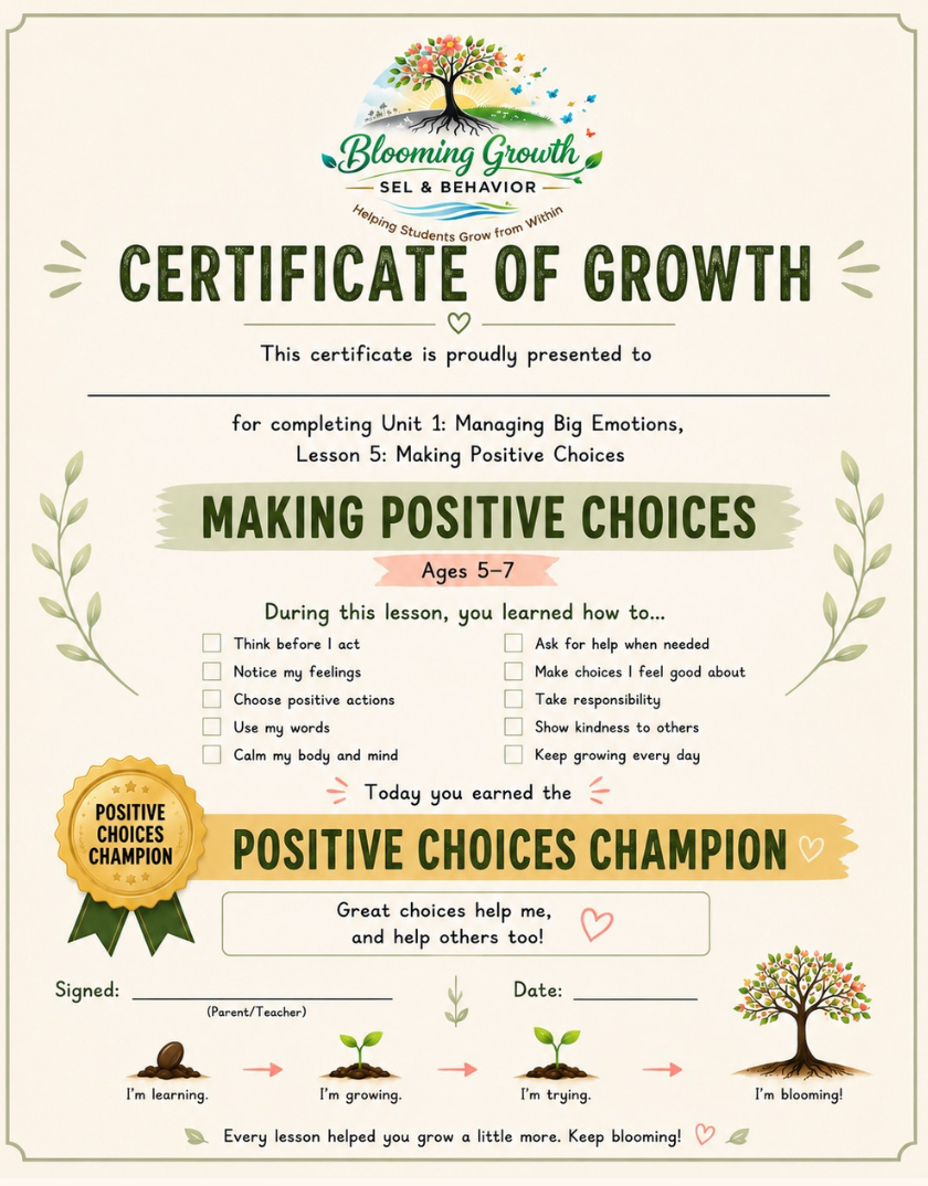 Certificate of Growth – Lesson 5: Making Positive Choices (Ages 5–7)
