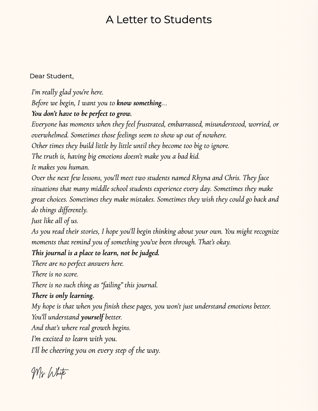 A Letter to Students – Unit 1 interior page