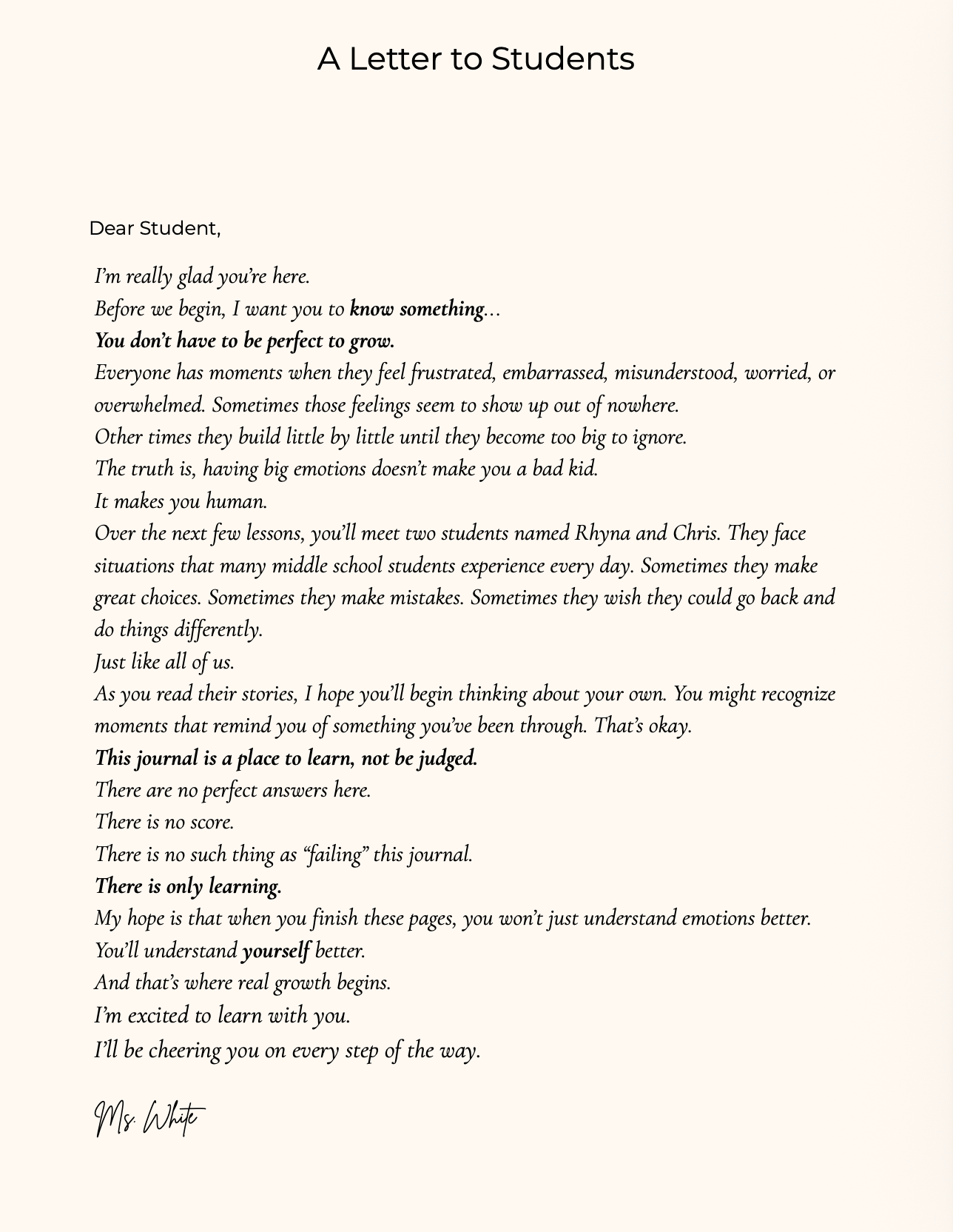 A Letter to Students – Unit 1 interior page