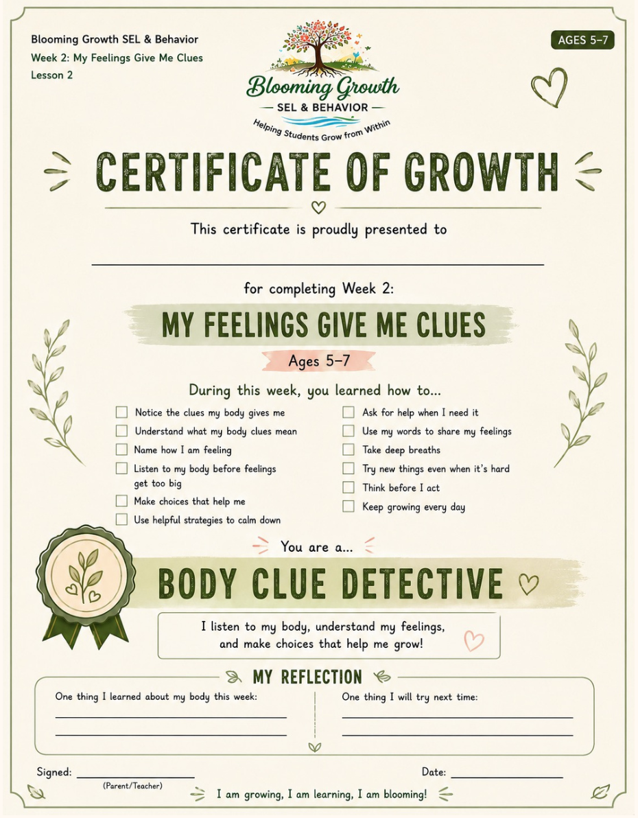 Certificate of Growth – Lesson 2: My Feelings Give Me Clues (Ages 5–7)