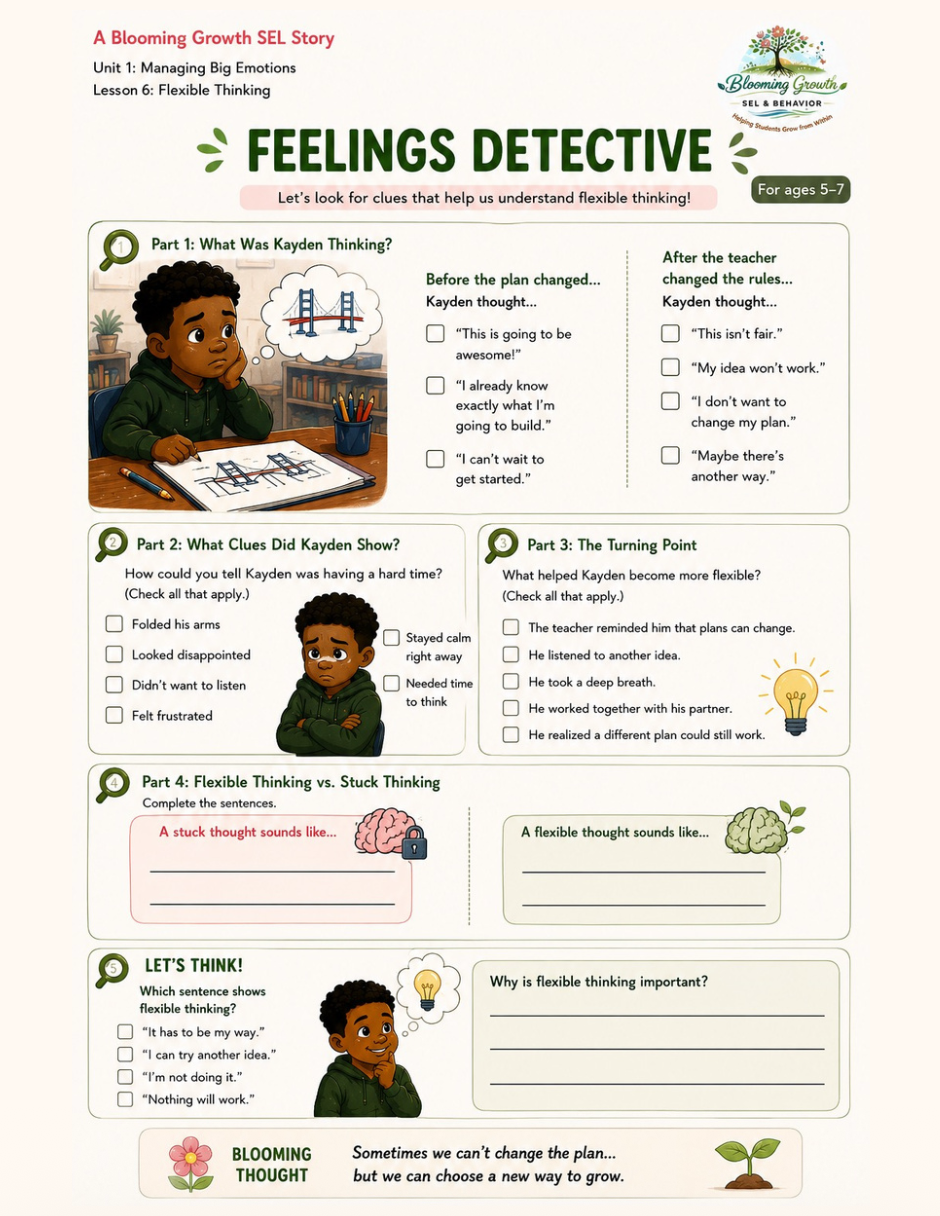 Feelings Detective worksheet – Lesson 6: Flexible Thinking (Ages 5–7)