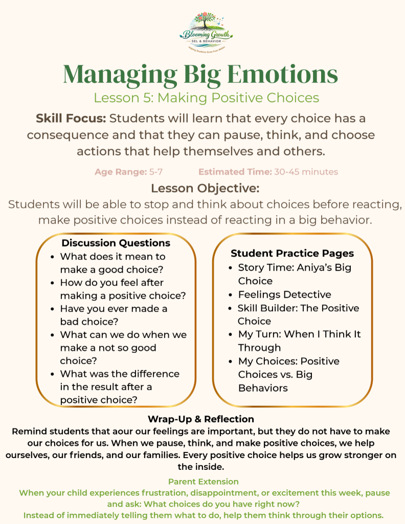 Managing Big Emotions Lesson 5: Making Positive Choices - Ages 5-7