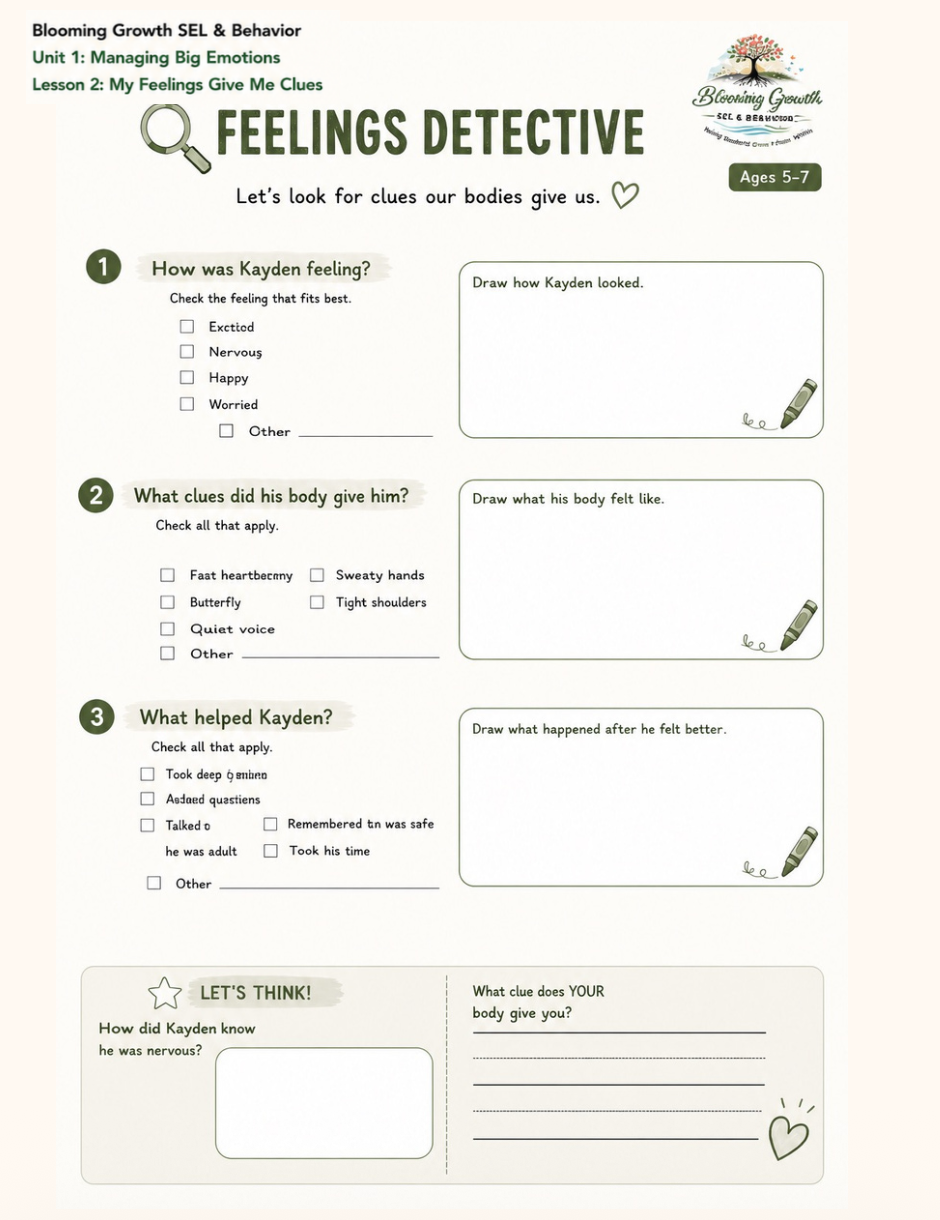 Feelings Detective worksheet – Lesson 2: My Feelings Give Me Clues (Ages 5–7)