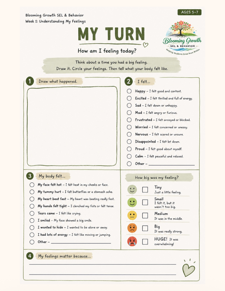 My Turn worksheet – Lesson 1: Understanding My Emotions (Ages 5–7)