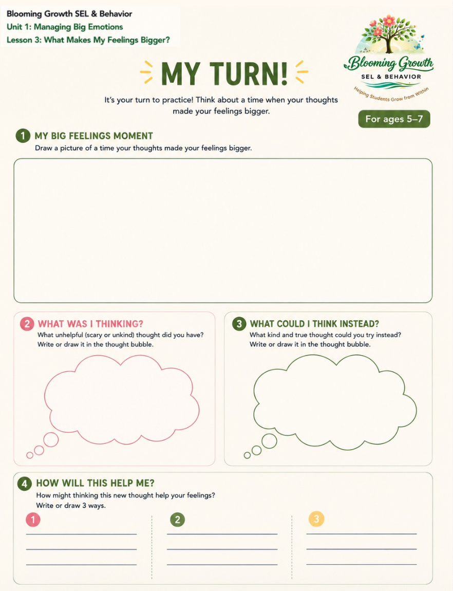 My Turn worksheet – Lesson 3: What Makes My Feelings Bigger? (Ages 5–7)