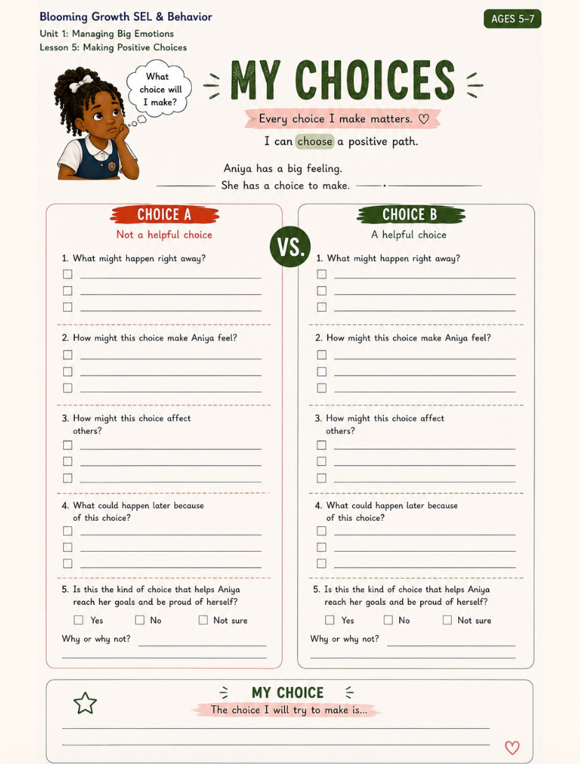 My Choices worksheet – Lesson 5: Making Positive Choices (Ages 5–7)