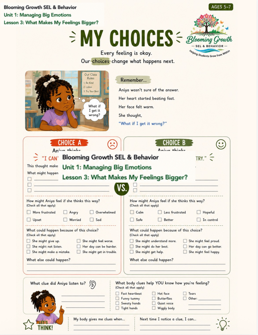 My Choices worksheet – Lesson 3: What Makes My Feelings Bigger? (Ages 5–7)